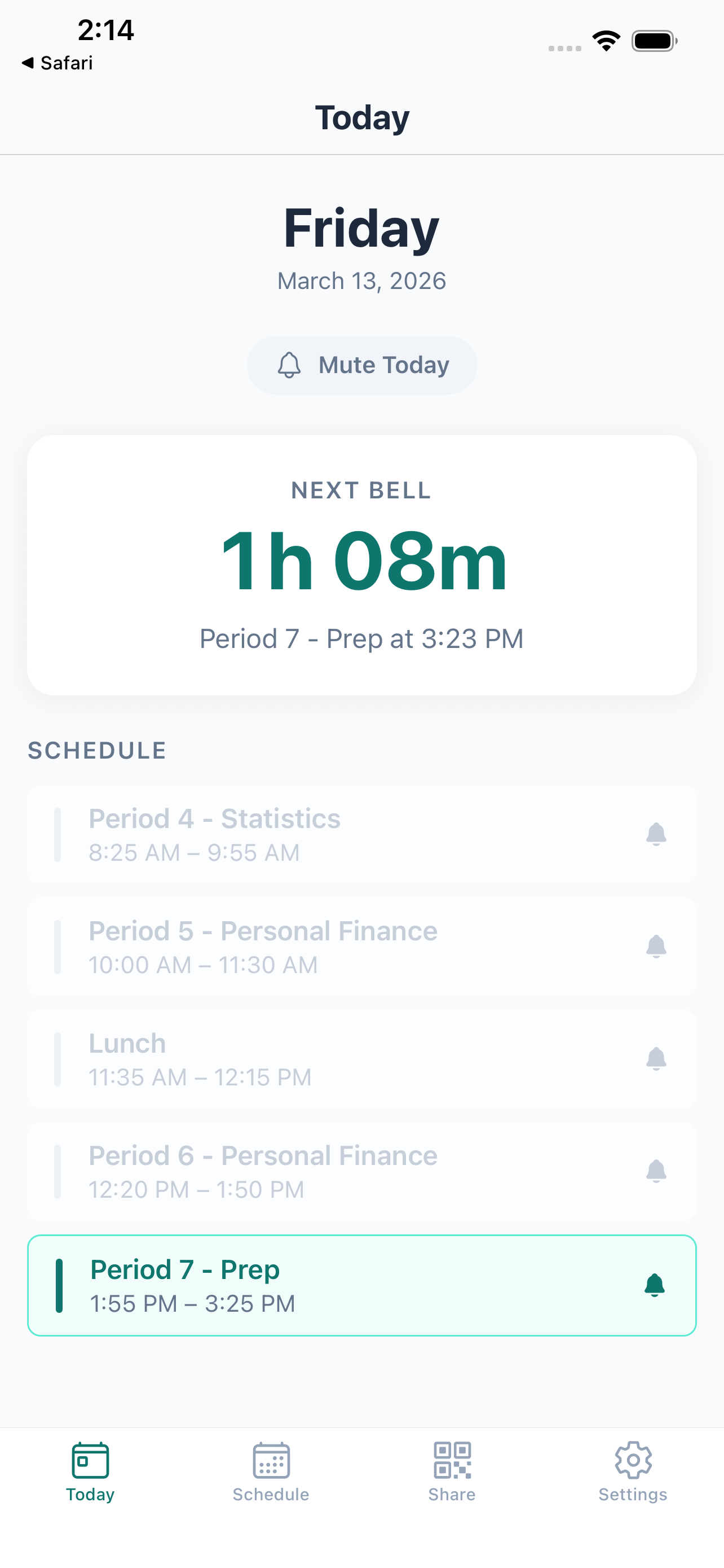 CourseBell app showing today's schedule with live countdown to the next bell